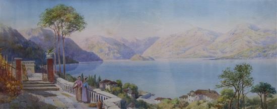 Claude Rowbotham (1864-1949), watercolour, Italian lake scene with figures on a terrace, signed and dated 1893, 20 x 48cm